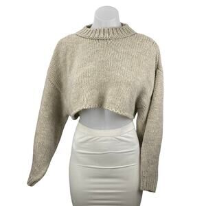 MNG Mango Beige Ribbed Knit Long Sleeve Mock Neck Cropped Sweater Top Size S
